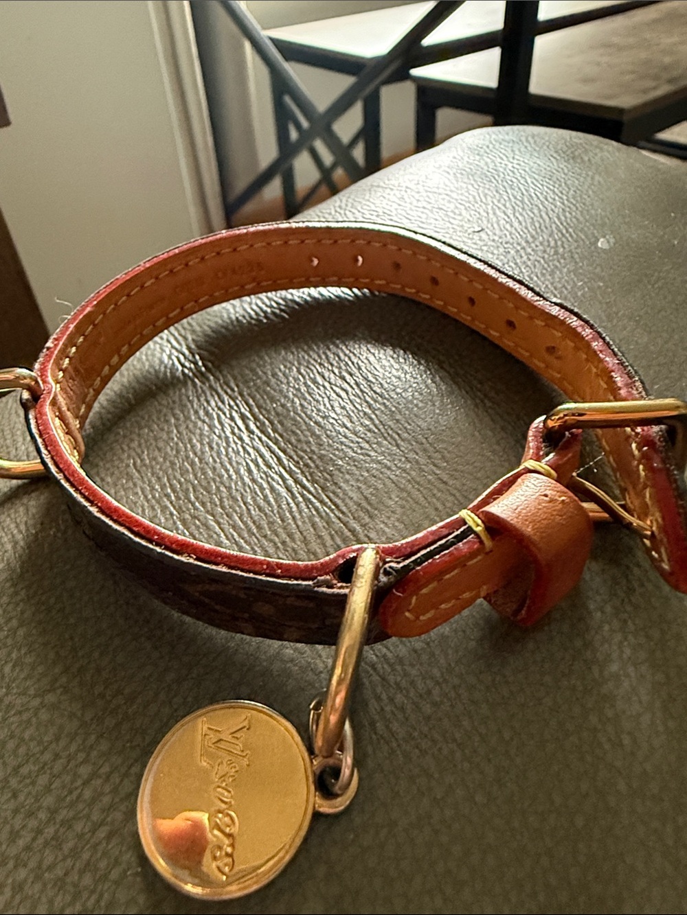 Authentic Louis Vuitton Leather Cat or Dog  with Gold Logo Charm - Brown and Tan